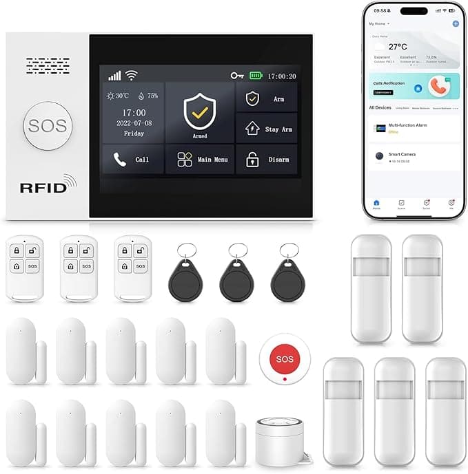 Complete wireless alarm system kit with sensors and remotes