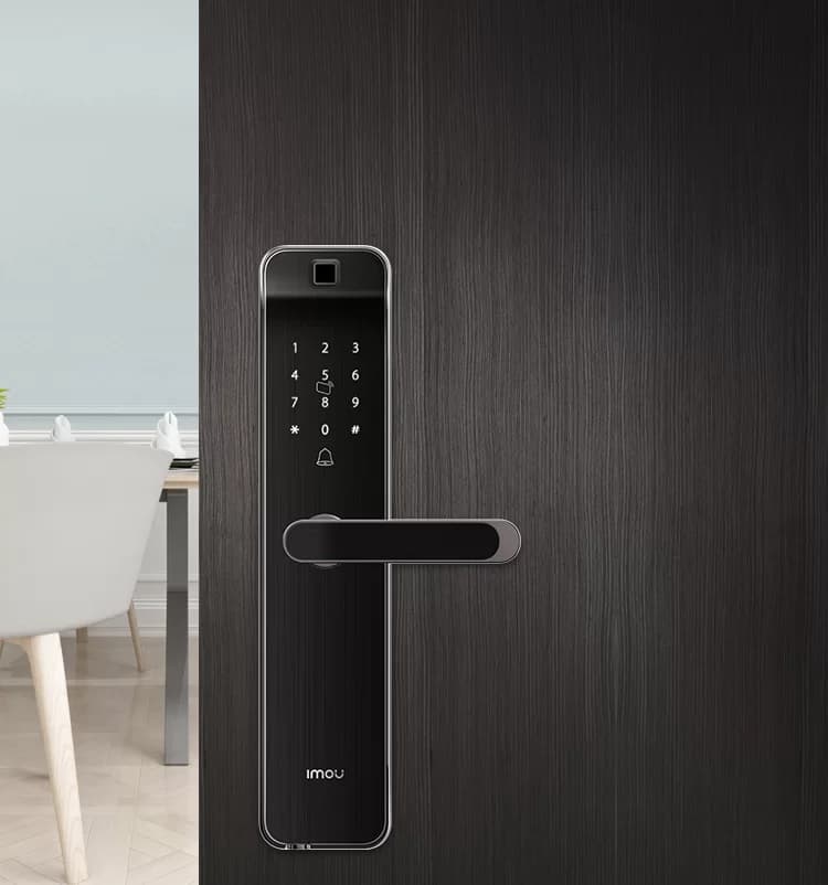 Slim smart lock with keypad on a modern wooden door