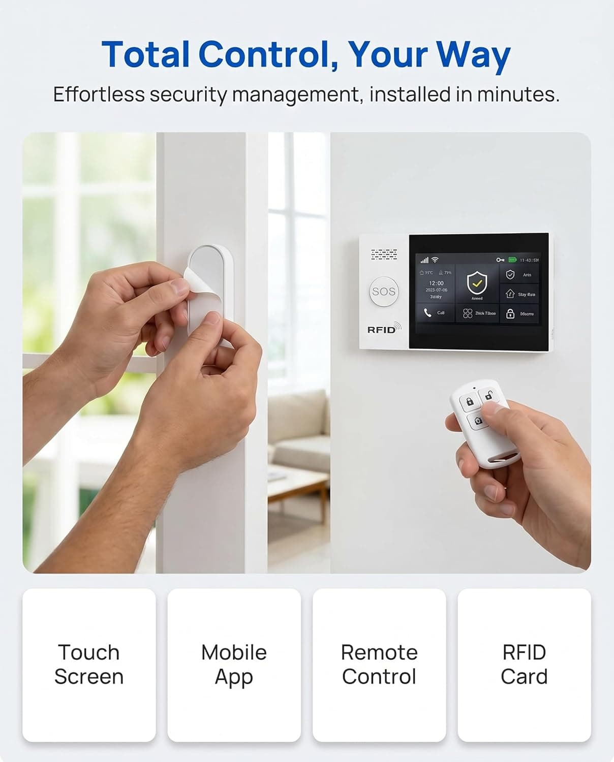 Hands installing a wireless door sensor beside an alarm panel