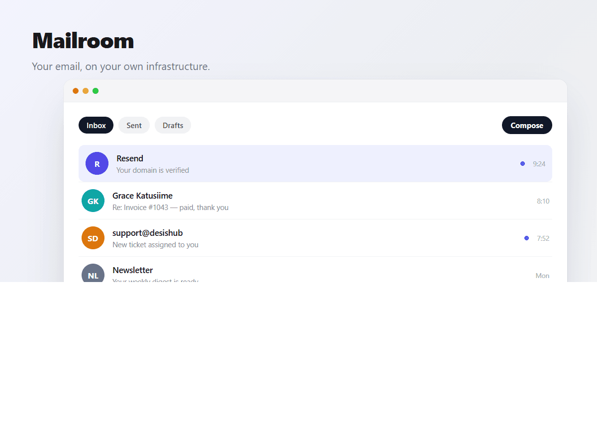 Mailroom — An email client built on Resend — custom addresses, inboxes and all.